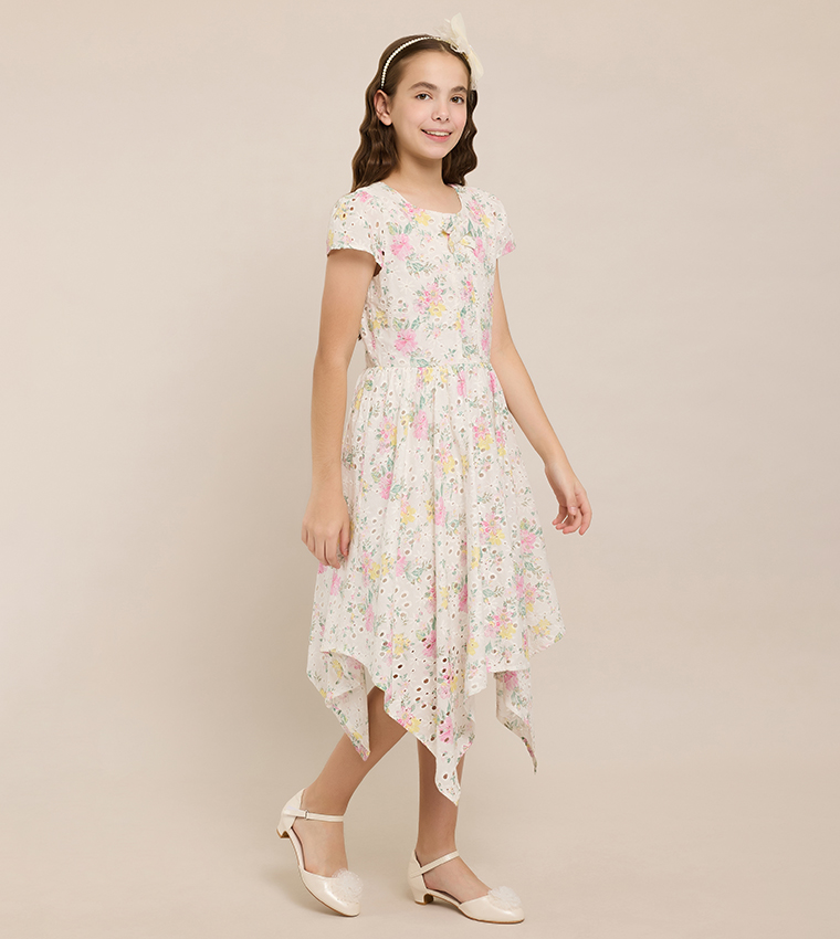 Floral Print Asymmetric Dress with Crew Neck and Short Sleeves