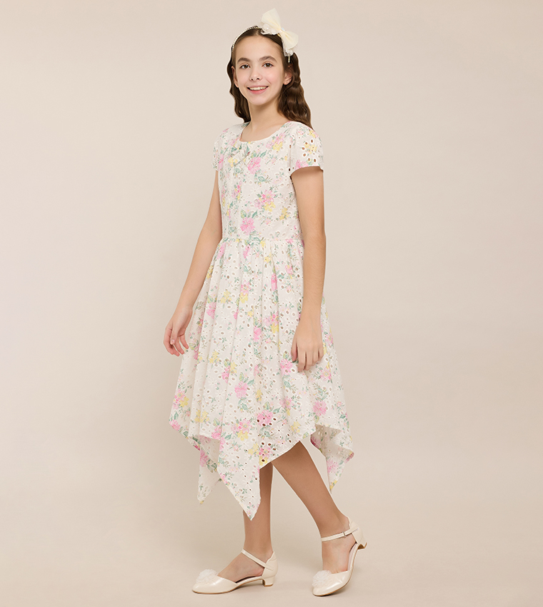 Floral Print Asymmetric Dress with Crew Neck and Short Sleeves