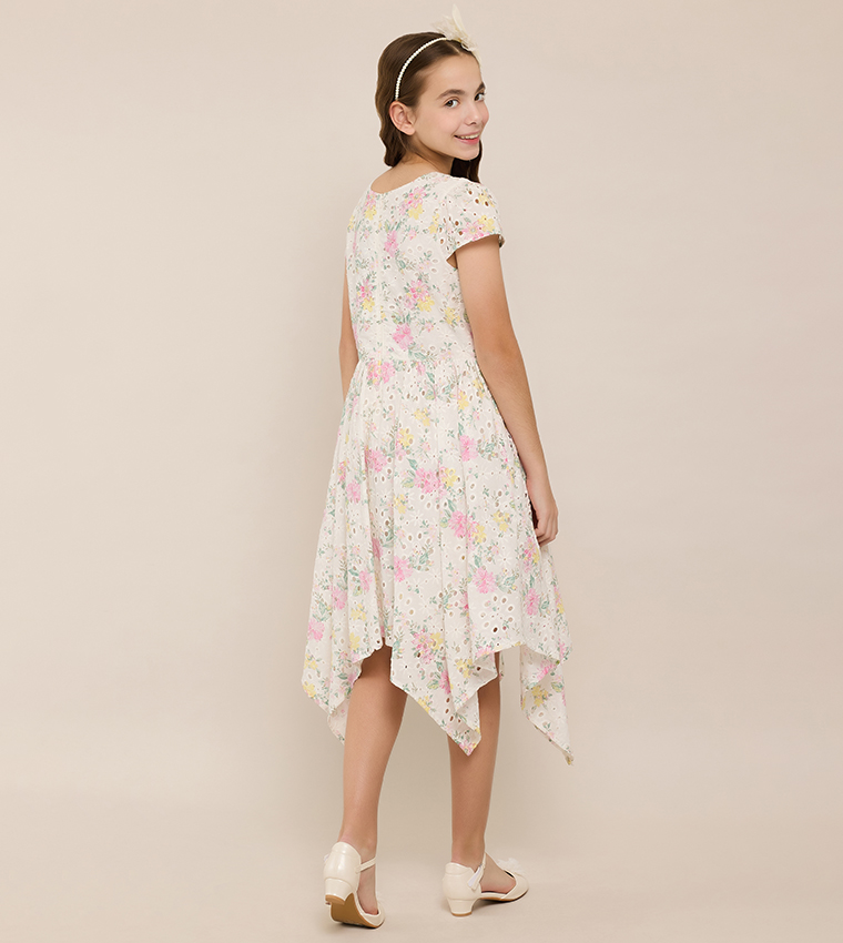Floral Print Asymmetric Dress with Crew Neck and Short Sleeves