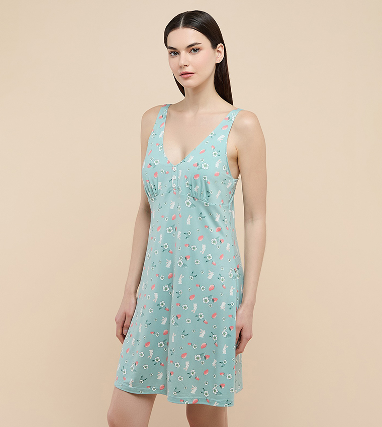 Printed Sleeveless Nightdress with V-Neck