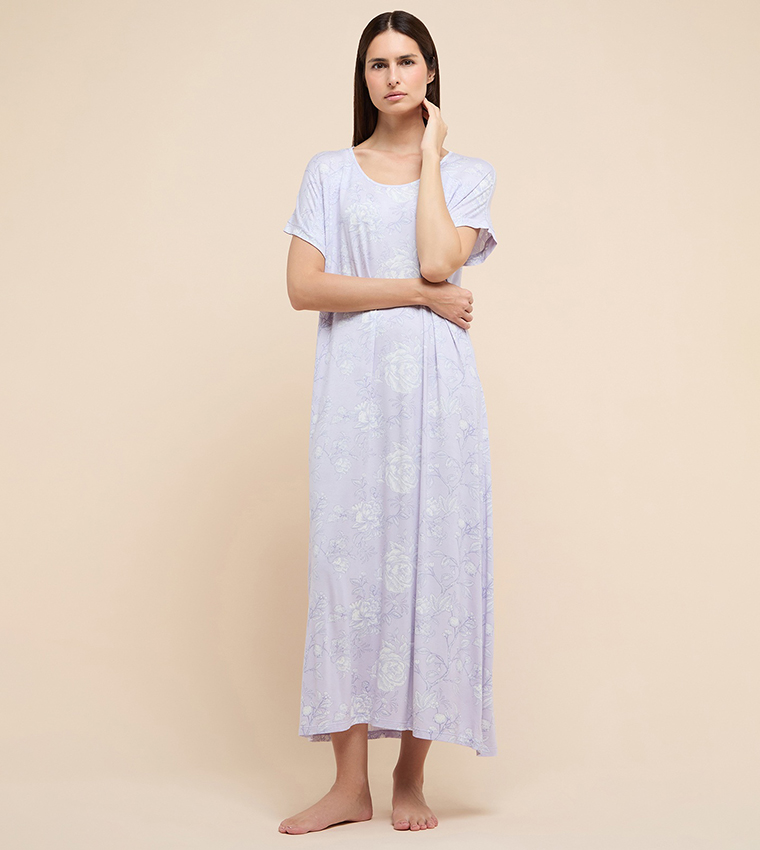 Printed Nightgown with Crew Neck and Short Sleeves