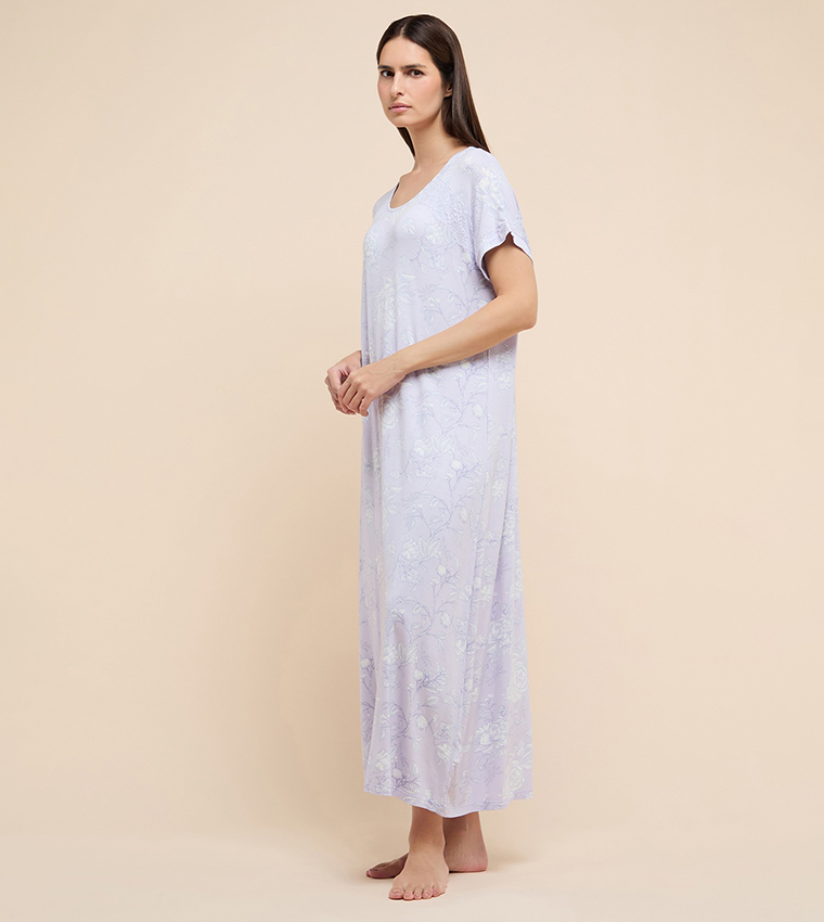 Printed Nightgown with Crew Neck and Short Sleeves