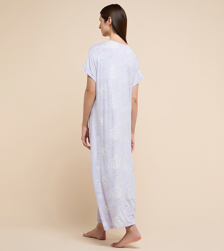 Printed Nightgown with Crew Neck and Short Sleeves