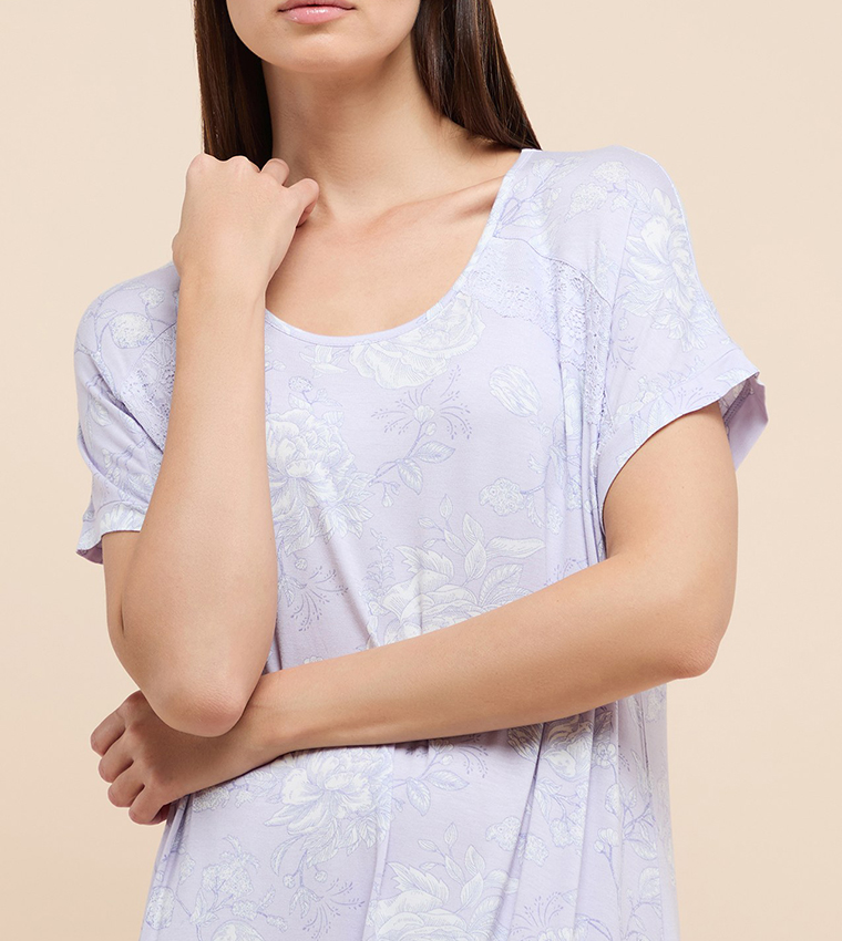 Printed Nightgown with Crew Neck and Short Sleeves