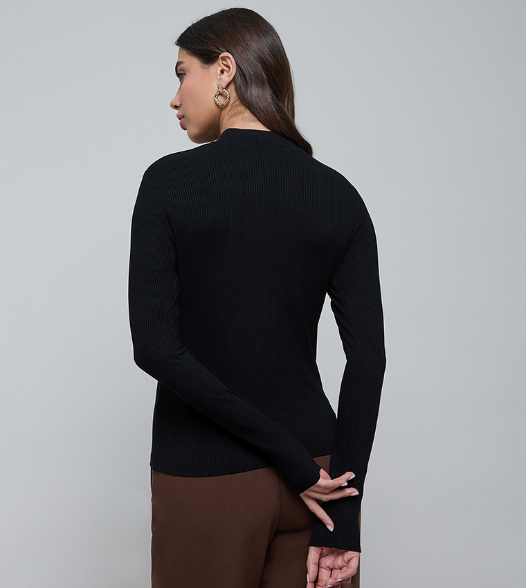 Ribbed T-Shirt with High Neck and Long Sleeves