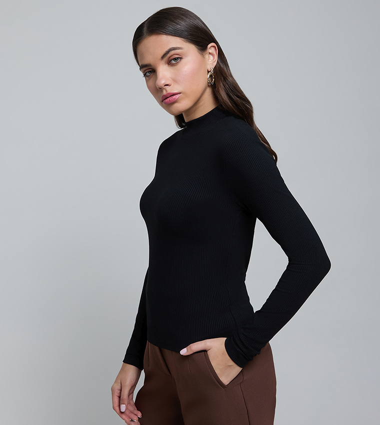 Ribbed T-Shirt with High Neck and Long Sleeves