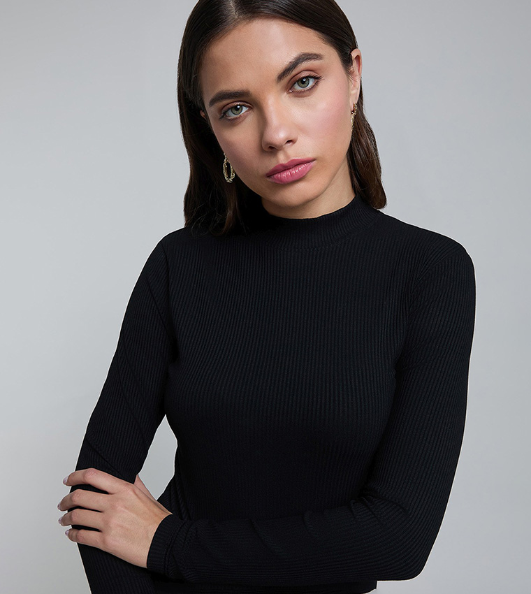 Ribbed T-Shirt with High Neck and Long Sleeves