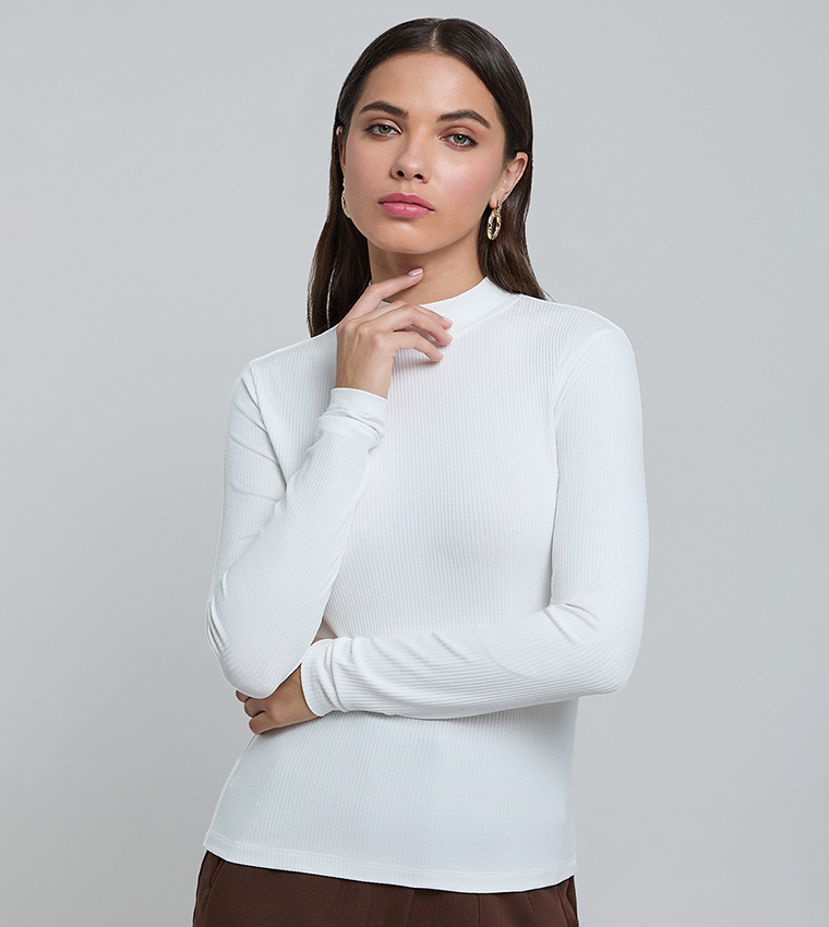 Ribbed Top with Mock Neck and Long Sleeves