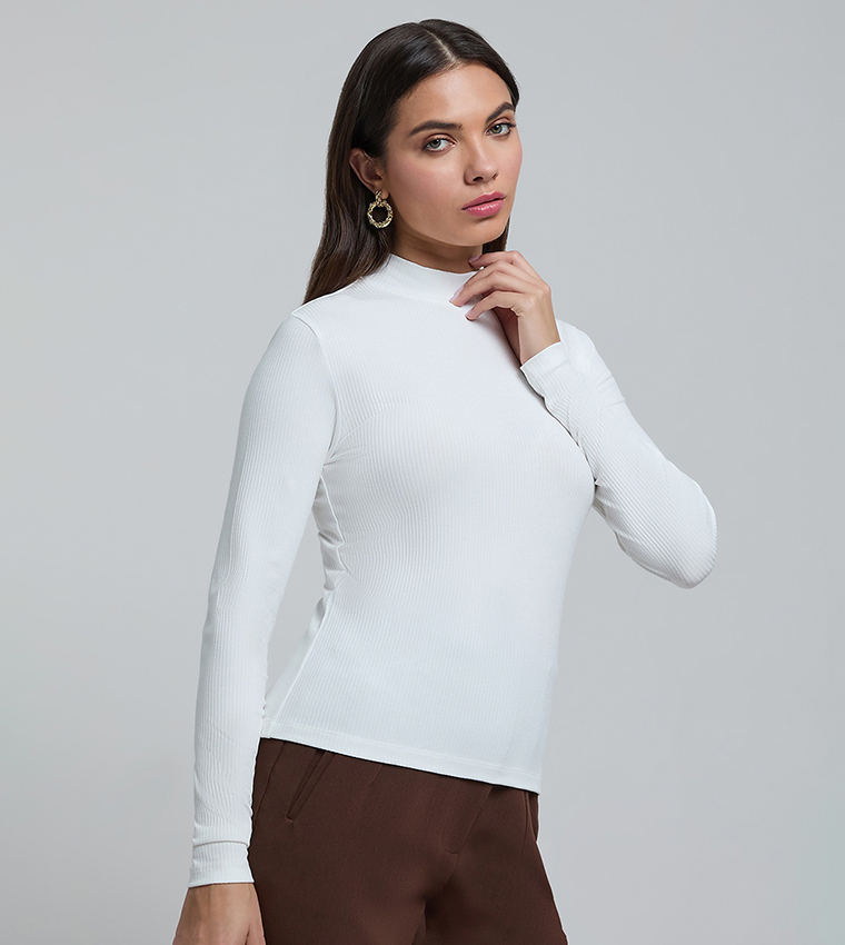 Ribbed Top with Mock Neck and Long Sleeves