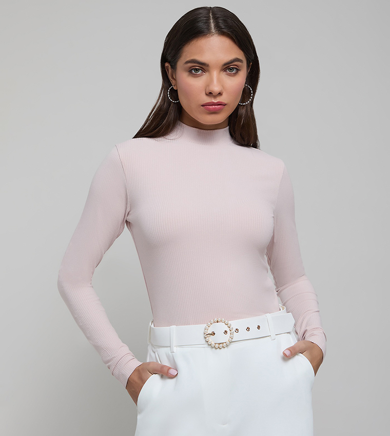 Ribbed Top with Mock Neck and Long Sleeves