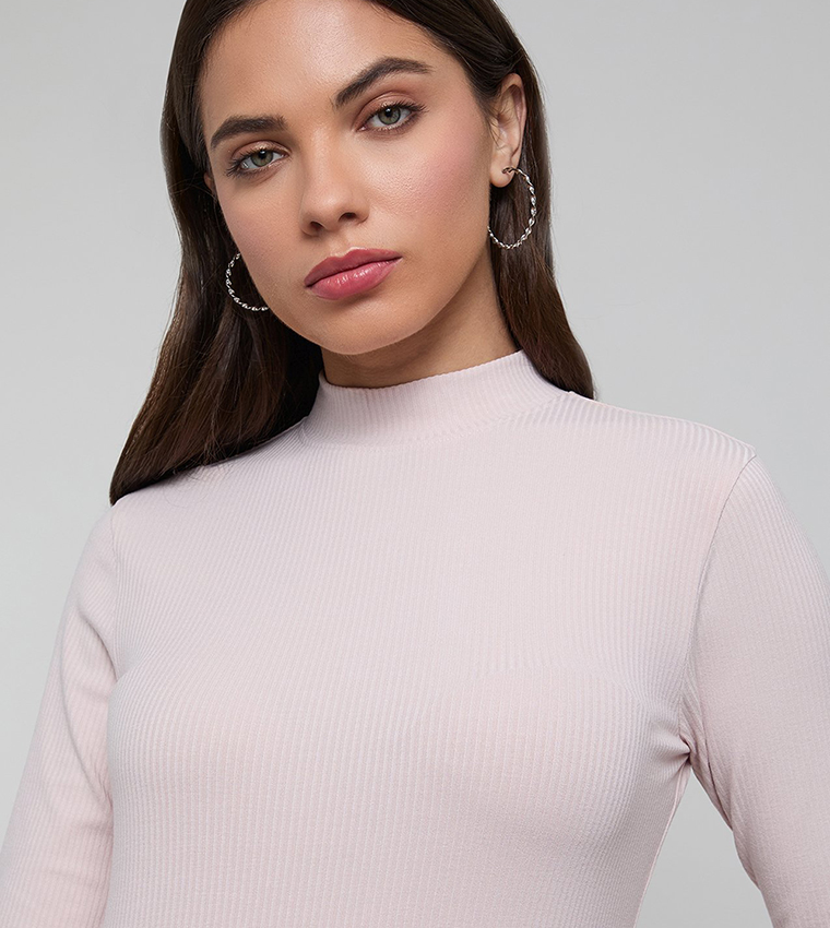 Ribbed Top with Mock Neck and Long Sleeves