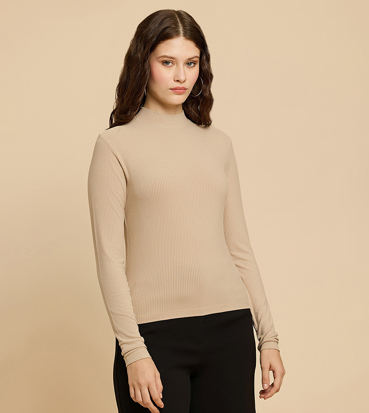 Ribbed Top with Mock Neck and Long Sleeves