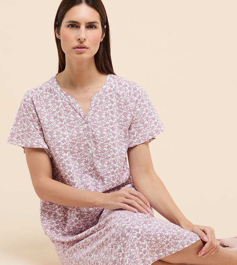 Printed Nightdress with Split Neck and Short Sleeves