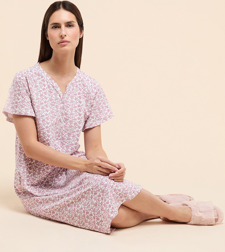 Printed Nightdress with Split Neck and Short Sleeves