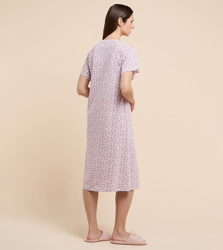 Printed Nightdress with Split Neck and Short Sleeves