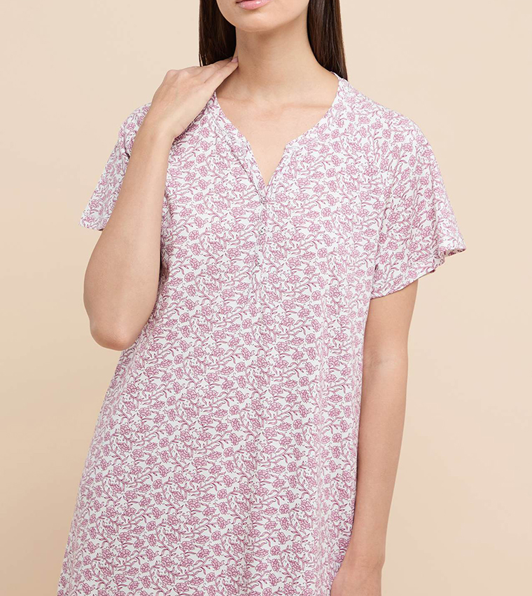 Printed Nightdress with Split Neck and Short Sleeves