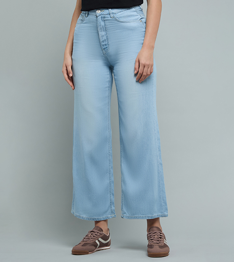Washed Flared Jeans with Button Closure
