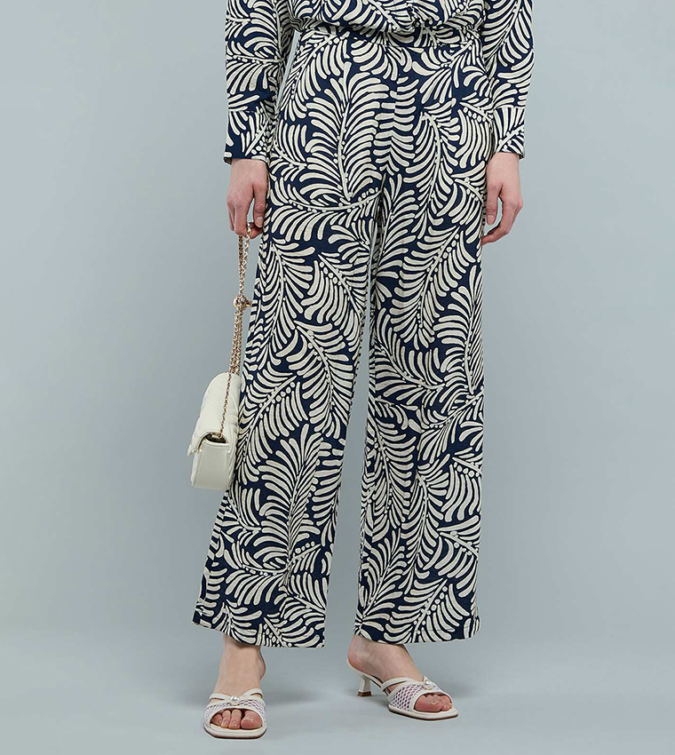 Patterned Wide Leg Pants with Elastic Waist