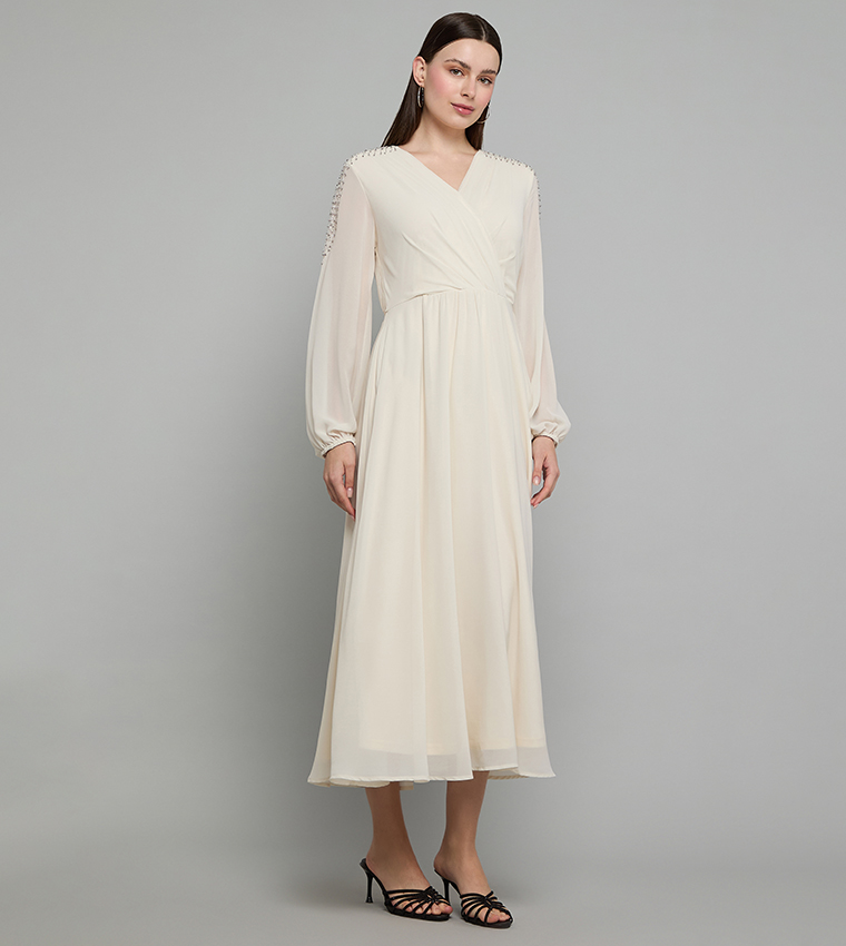 embellished beige dress Adrianna Papell Women's V-Neck Twist Front Midi Dress - Beige/Ivory main image 1