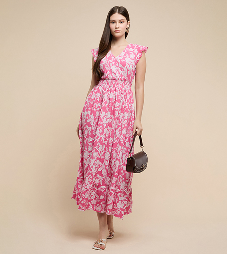 Printed Midi Dress with V-Neck and Short Sleeves