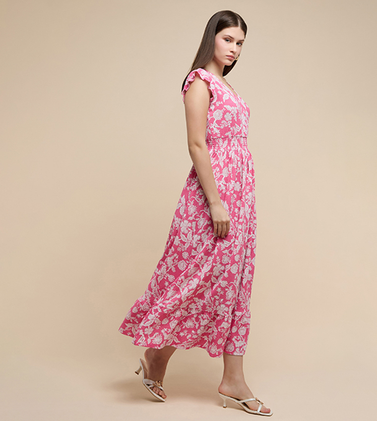 Printed Midi Dress with V-Neck and Short Sleeves