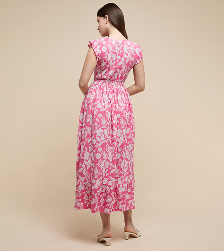 Printed Midi Dress with V-Neck and Short Sleeves