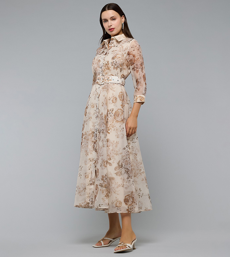 Patterned Shirt Dress with Classic Collar and 3/4 Sleeves
