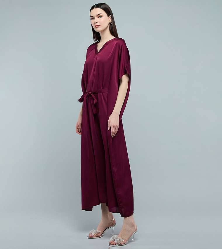 Belted Midi Dress with V-Neck and Kaftan Sleeves