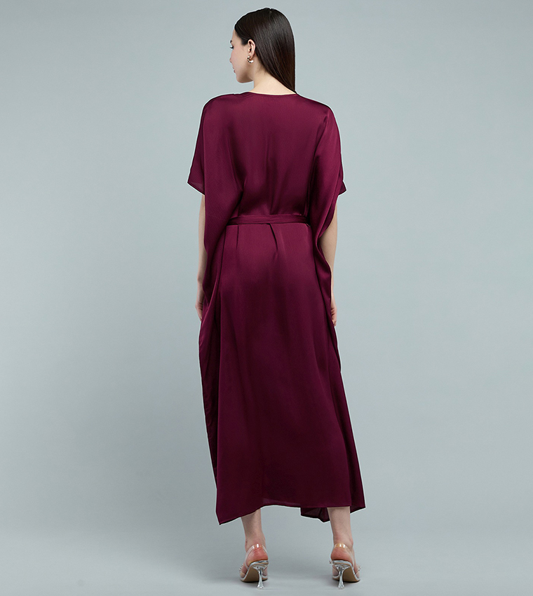 Belted Midi Dress with V-Neck and Kaftan Sleeves