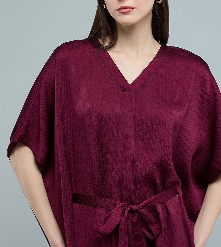 Belted Midi Dress with V-Neck and Kaftan Sleeves