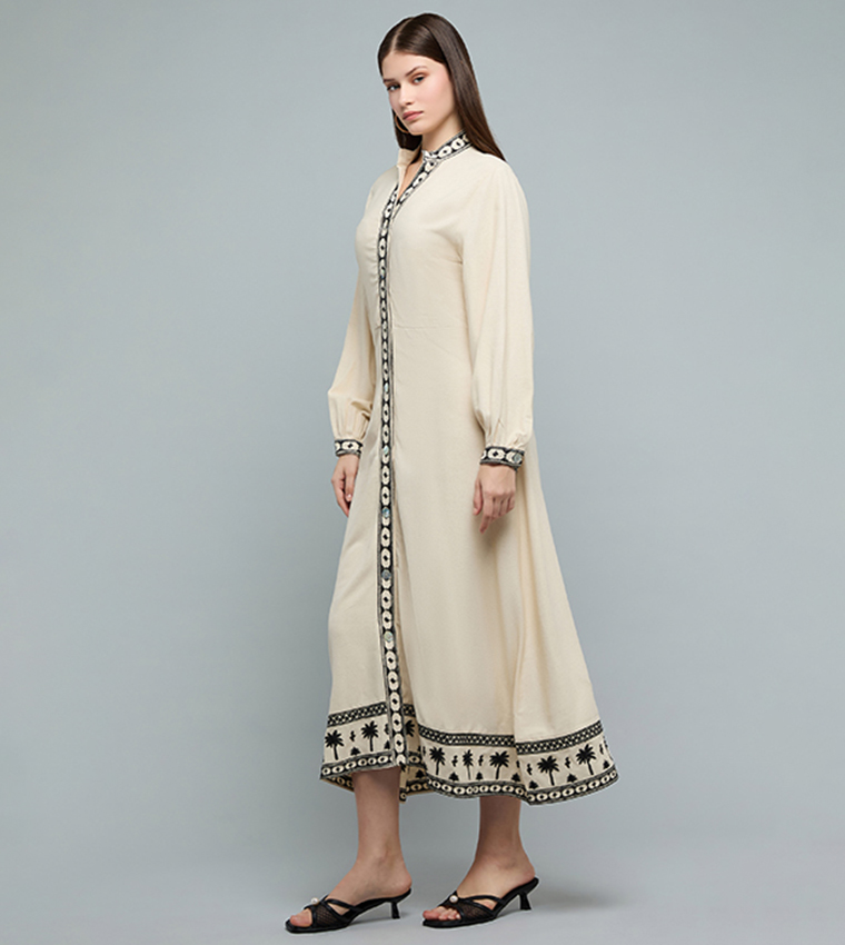 Embroidered Midi Dress with Mandarin Collar and Long Sleeves