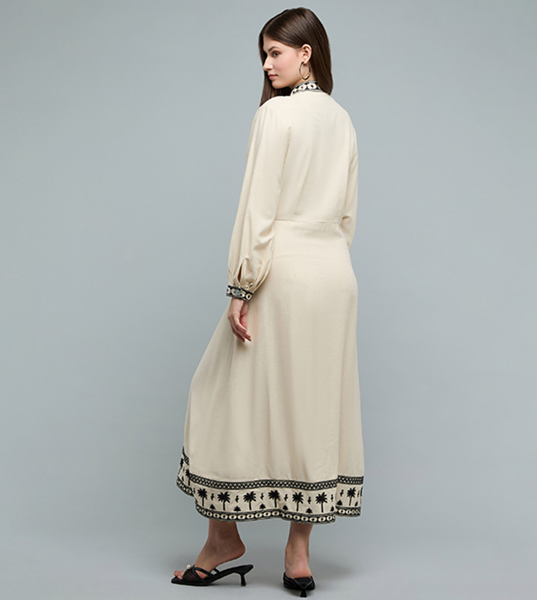 Embroidered Midi Dress with Mandarin Collar and Long Sleeves
