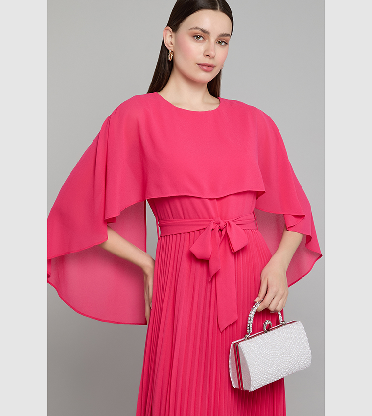 فستان ميدي بقبة مستديرة وكم كيب 