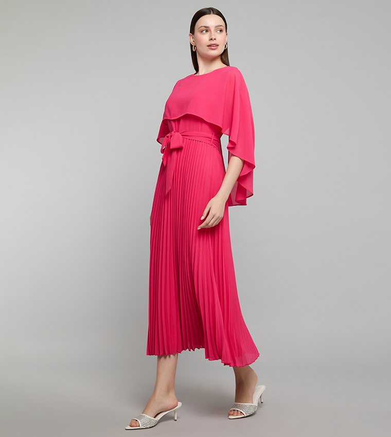 فستان ميدي بقبة مستديرة وكم كيب 