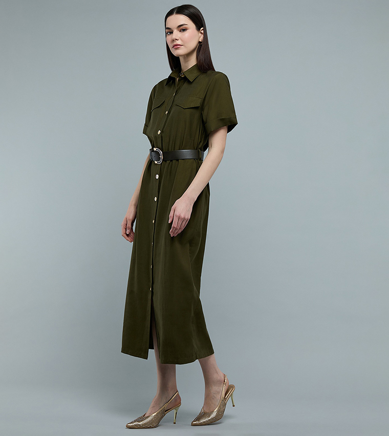 Solid Shirt Dress with Classic Collar and Short Sleeves