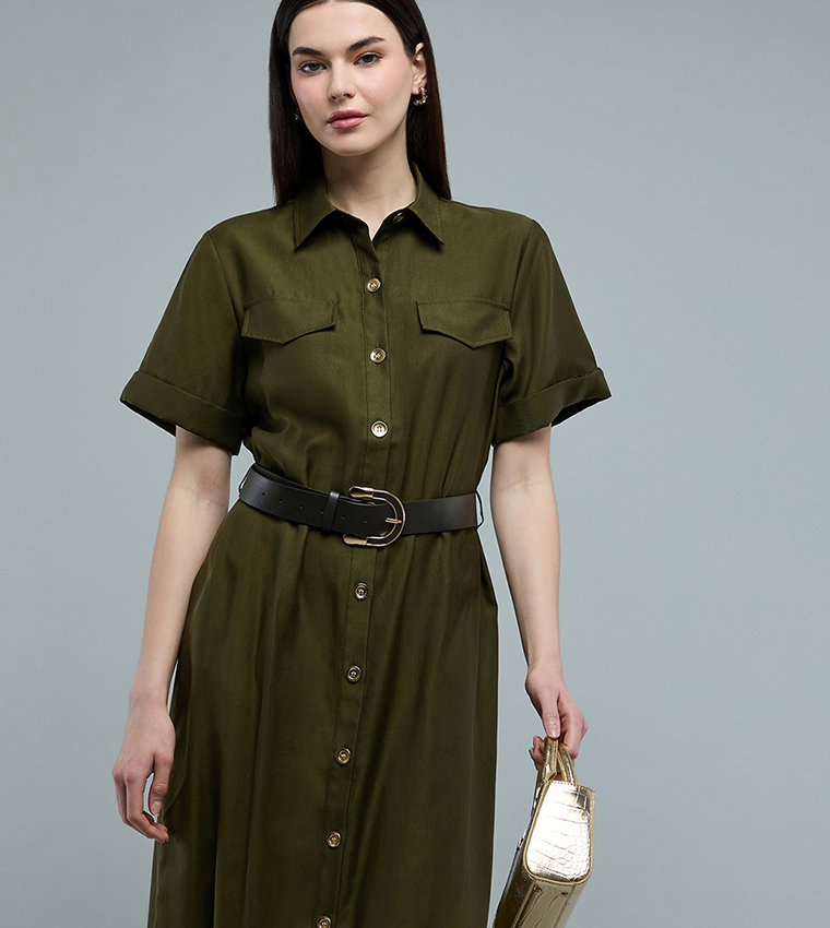 Solid Shirt Dress with Classic Collar and Short Sleeves