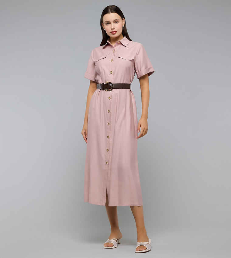Solid Shirt Dress with Classic Collar and Short Sleeves