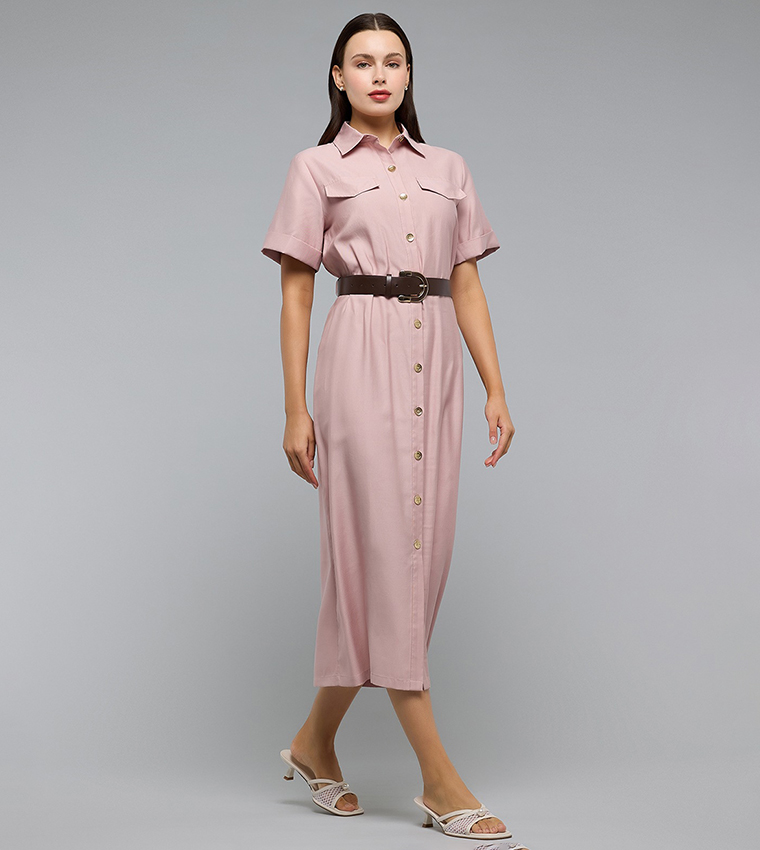 Solid Shirt Dress with Classic Collar and Short Sleeves