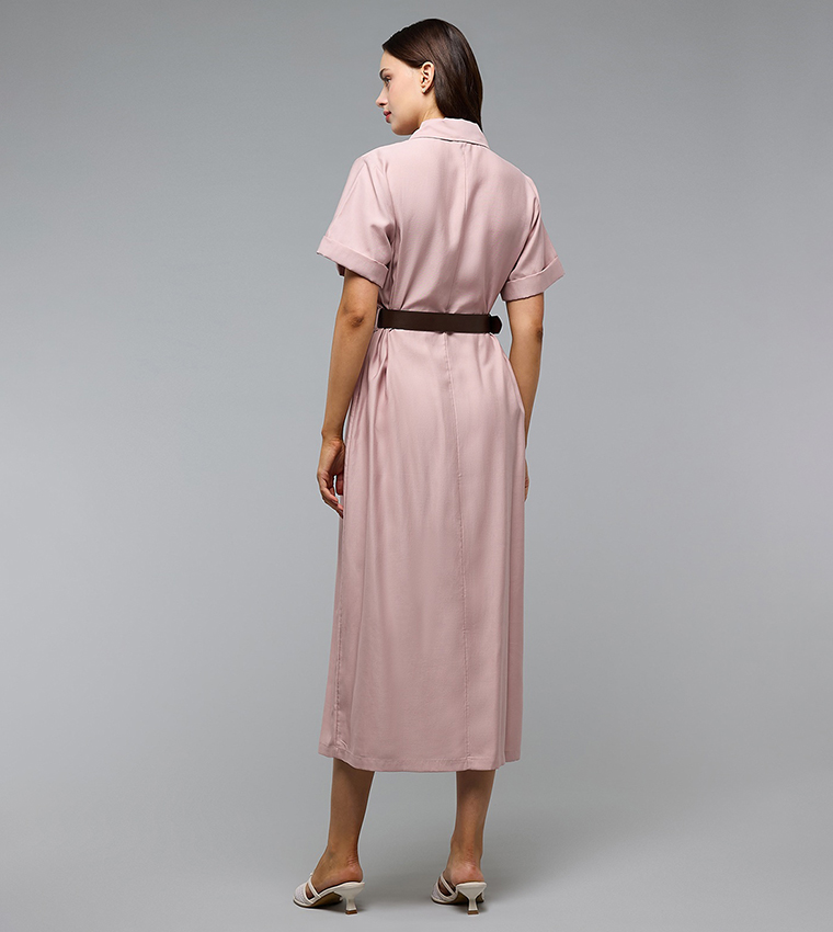 Solid Shirt Dress with Classic Collar and Short Sleeves
