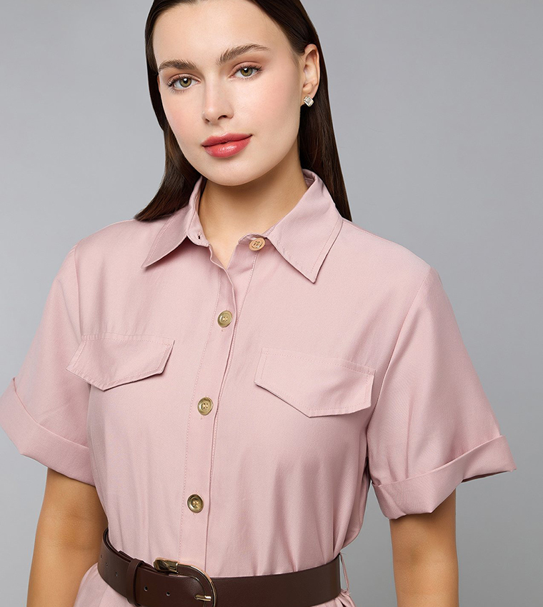 Solid Shirt Dress with Classic Collar and Short Sleeves