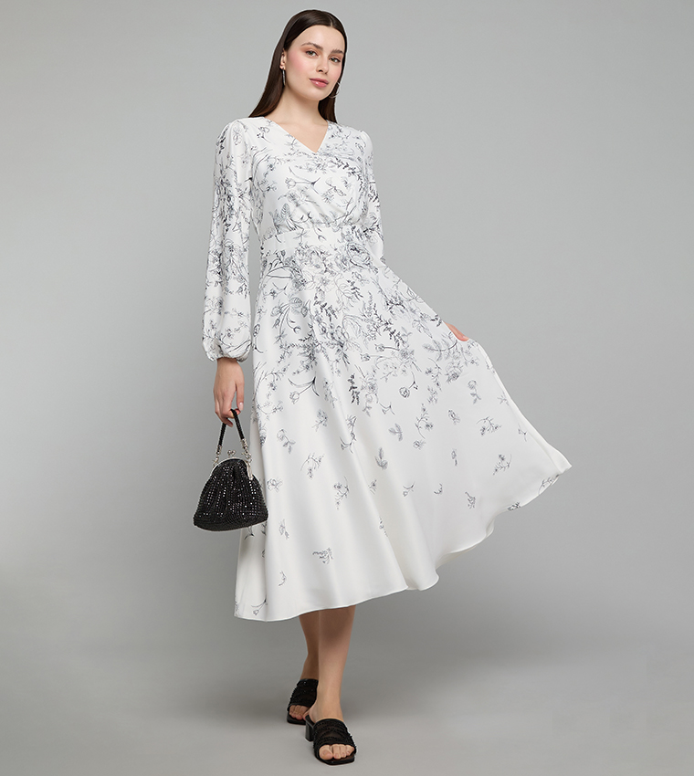 Printed Flared Dress with V-Neck and Puff Sleeves
