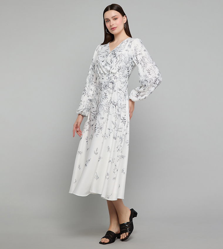 Printed Flared Dress with V-Neck and Puff Sleeves