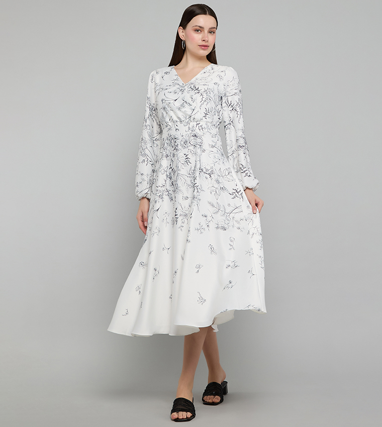 Printed Flared Dress with V-Neck and Puff Sleeves