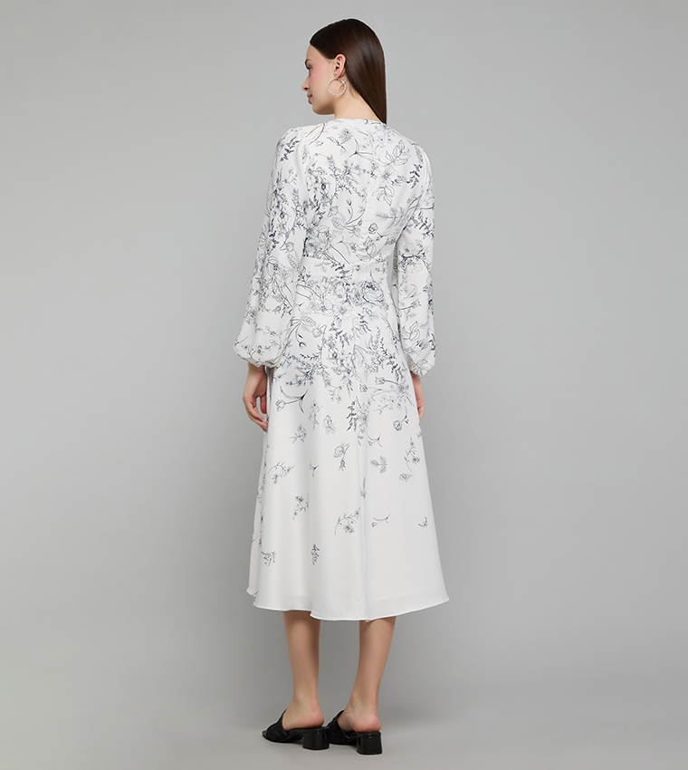 Printed Flared Dress with V-Neck and Puff Sleeves