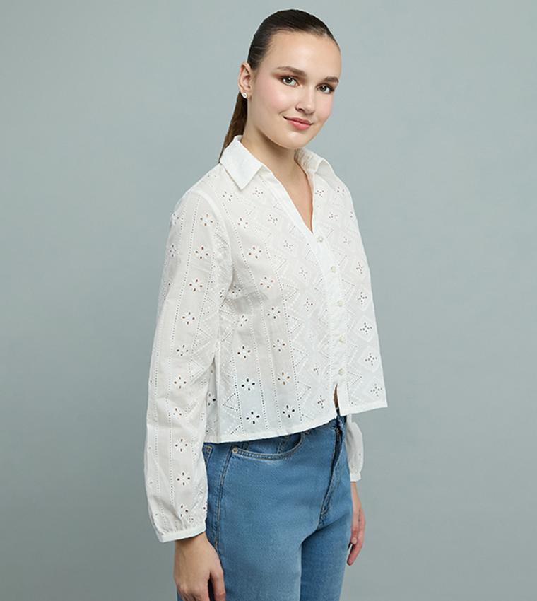 Schiffli Shirt with Classic Collar and Long Sleeves