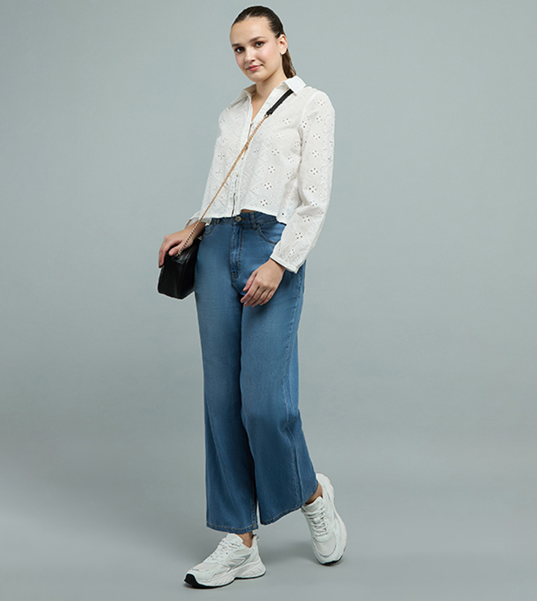 Schiffli Shirt with Classic Collar and Long Sleeves