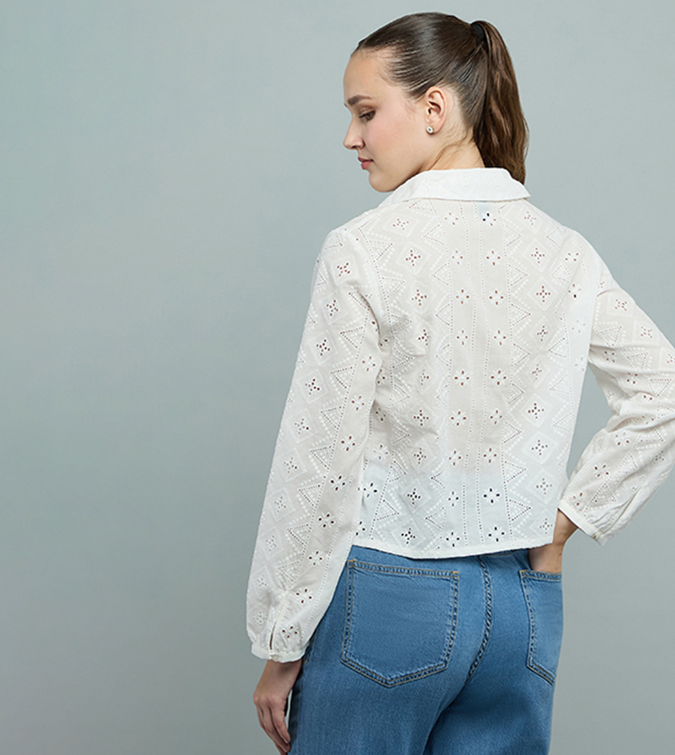 Schiffli Shirt with Classic Collar and Long Sleeves