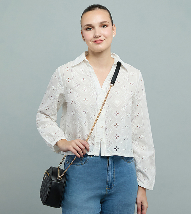 Schiffli Shirt with Classic Collar and Long Sleeves
