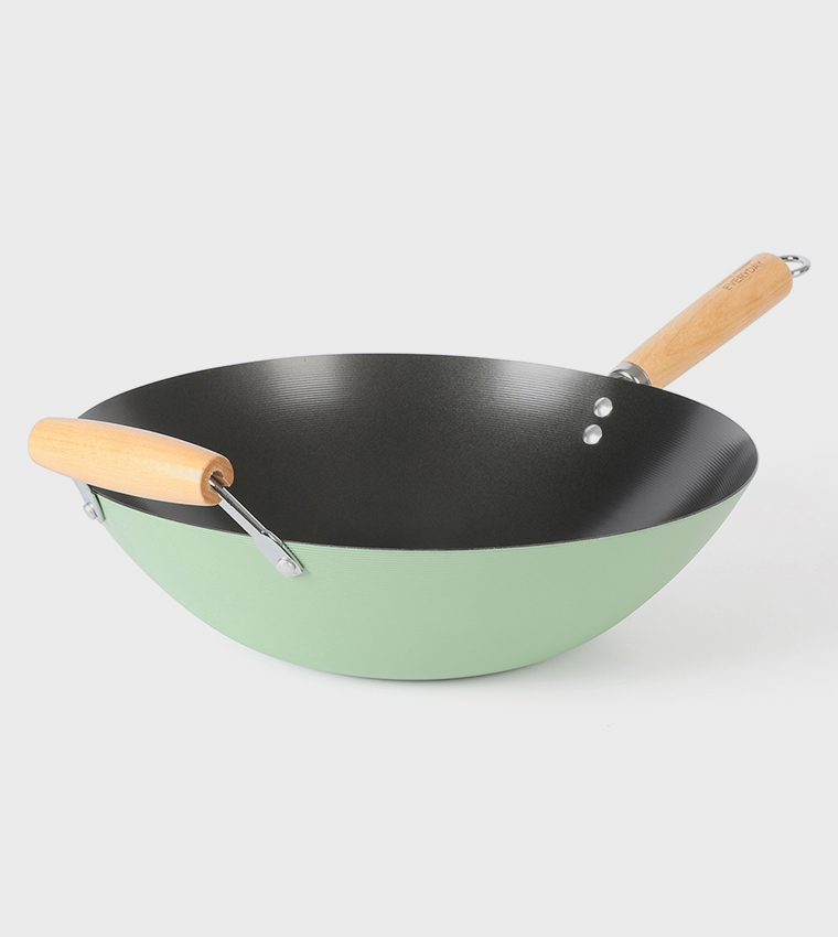 مقلاة ووك - حجم 14 إنش - لون سيج - طلاء غير لاصق باللون الأسود - مقبض باكيليت - 1.5 مم