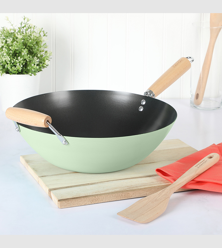 مقلاة ووك - حجم 14 إنش - لون سيج - طلاء غير لاصق باللون الأسود - مقبض باكيليت - 1.5 مم